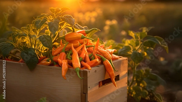 Fototapeta Chili peppers harvested in a wooden box with field and sunset in the background. Natural organic fruit abundance. Agriculture, healthy and natural food concept. Vertical composition.