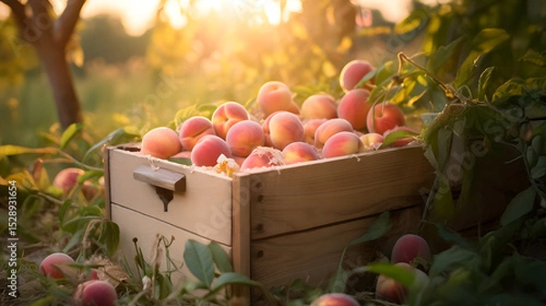 Fototapeta Peaches harvested in a wooden box with orchard and sunset in the background. Natural organic fruit abundance. Agriculture, healthy and natural food concept. Horizontal composition.