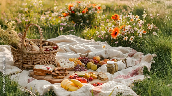 Fototapeta Scenic picnic in a wildflower meadow with cozy blankets, baskets, fresh fruits, and sandwiches, bathed in soft sunlight. A dreamy outdoor setting with a low depth of focus.