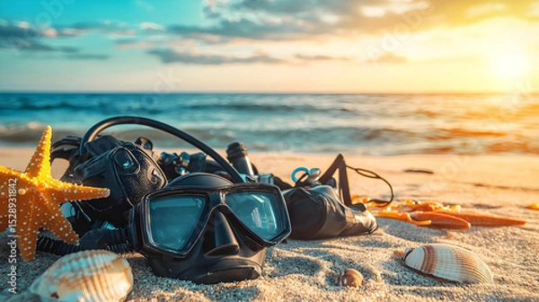 Fototapeta Scuba diving essentials on a sunlit sandy beach with seashells, starfish, and waves in the background. A perfect adventure-themed composition with soft focus and stunning details.