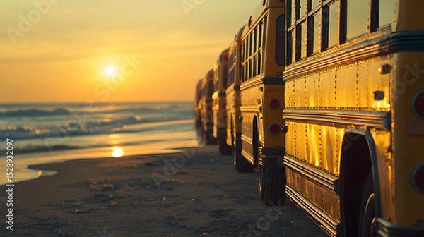 Fototapeta A stunning row of school buses lined up on a peaceful beach at sunrise, capturing golden reflections, gentle waves, and the perfect transition from routine to summer freedom.