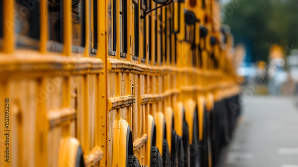 Fototapeta Side view of classic yellow school buses standing in alignment, filling the entire frame, creating a strong visual pattern, nostalgic school transportation concept, perfect for stock photography.