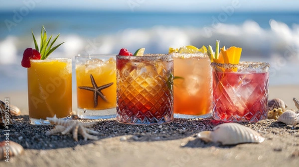 Fototapeta Vibrant summer cocktails garnished with tropical fruits on a sandy beach, with blurred seashells, starfish, and waves in the background, blending refreshment and coastal charm with low depth of focus.