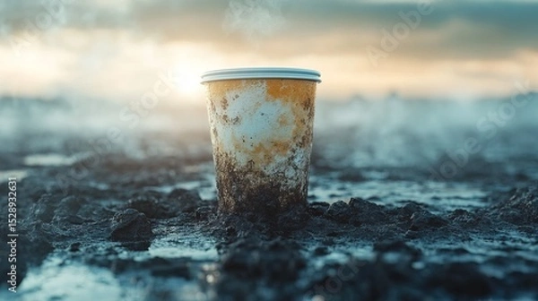 Fototapeta Grungy Disposable Cup in Muddy Ground Depicting Pollution and Environmental Damage
