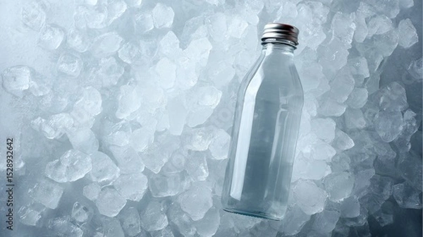 Obraz Overhead view of a clear water bottle resting on icy crushed ice with reflective lighting and a spacious copy area on the left for advertisement or branding