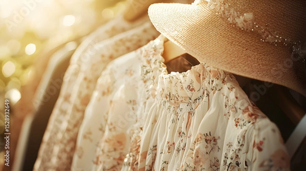 Fototapeta A stylish wardrobe transitioning from spring to summer—light jackets and floral dresses give way to airy outfits, sun hats, and sandals under soft golden lighting, capturing seasonal elegance.