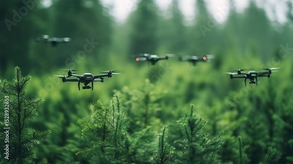 Fototapeta Atmospheric Drone Surveillance Over Lush Green Forest, Nature Background Scene