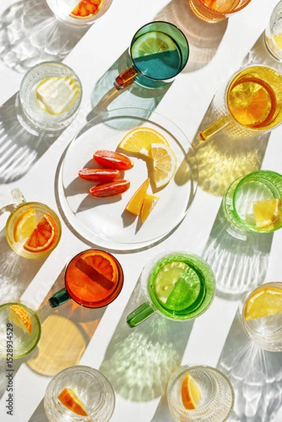 Obraz Colored glass plate and cups of water with slices of fruit, bright glasses of detox drink with beautiful shadow at sunlight, minimal aesthetic top view, creative summer drink backdround, above