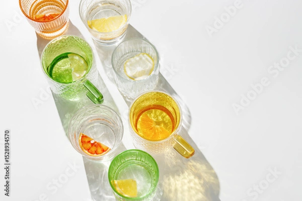 Obraz Vivid Glasses with cold detox water as summer still life pattern, shadow and sunlight reflection, closeup glass cups of infused fruit water, slises of lemon, orange, tangerine, healthy summer drink