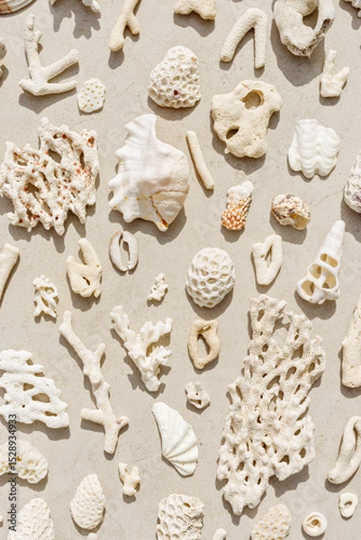 Obraz Assorted natural Seashells and corals at sunlight, summer nature still life from shell, coral pieces arranged on grey beige background, minimal style trend vertical pattern, neutral tones, top view