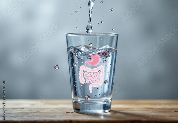 Obraz water droplets falling into glass with semi transparent digestive system icons, highlighting the benefits of drinking water before eating.