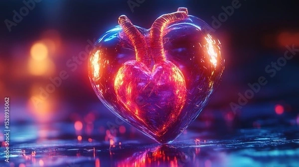 Fototapeta Abstract Glowing Anatomical Heart Shaped Object on Reflective Dark Surface