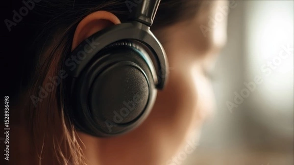 Fototapeta A warm, intimate shot of a person listening to music with large, comfortable headphones.