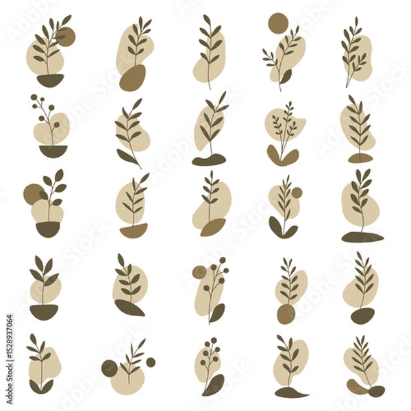 Obraz Earth Tone Abstract Botanical Set – Modern Leaf And Blob Elements