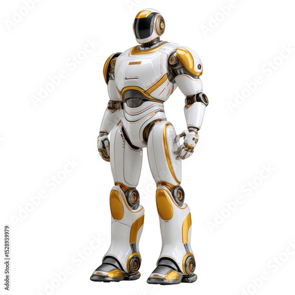 Fototapeta Futuristic humanoid robot with sleek design and metallic finish standing in an isolated white background