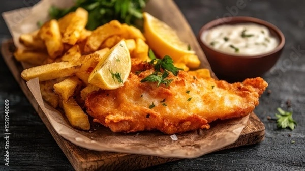 Fototapeta An appetizing serving of fish and chips, perfectly golden and crispy, garnished with lemon slices and fresh parsley, ideal for showcasing delightful culinary experiences.