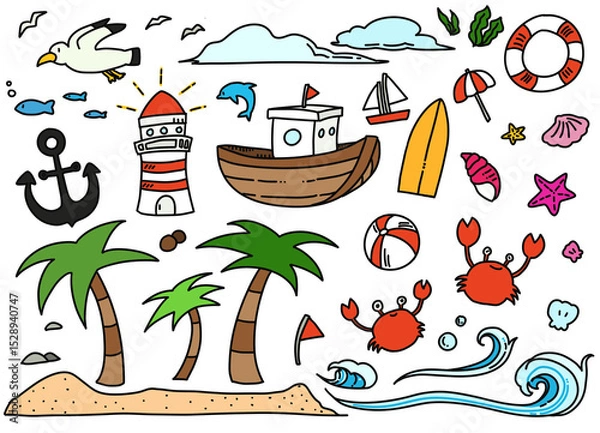 Obraz Summer and the Sea Color doodle, sketch Summer Sea, hand drawn Color doodle