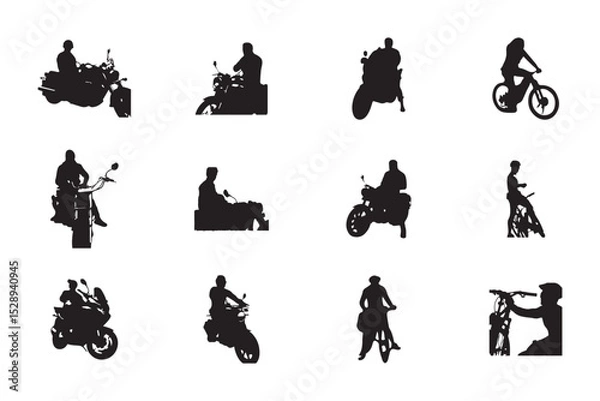 Fototapeta Group of Motorcycle and motorcyclist black silhouettes, each depicting a person riding a motorcycle or scooter. Each silhouette showcases different postures, angles, and types of two-wheelers.