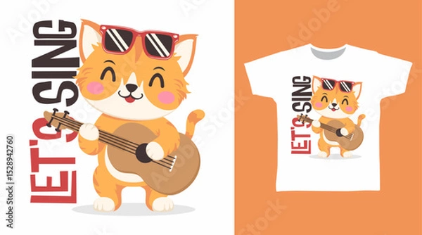 Obraz Cute cat with guitar hand drawn illustration vector, ready for print on t-shirt and other uses