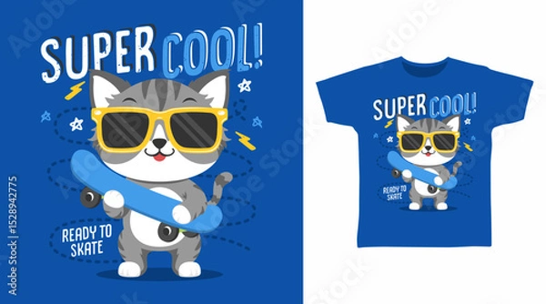 Obraz Super cool kitten with skateboard hand drawn illustration vector, ready for print on t-shirt and other uses