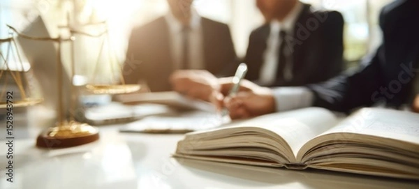 Fototapeta The book on the table during a legal meeting with professionals engaged in discussion.