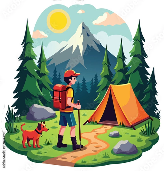 Fototapeta Hiker Enjoying the Mountain View While Camping at Sunset
