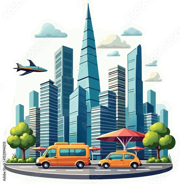 Fototapeta Dynamic Cityscape with Modern Architecture and Airplanes Flying