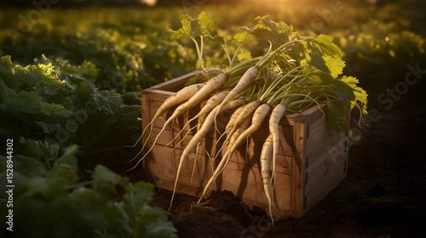 Fototapeta Parsnip root harvested in a wooden box with field and sunset in the background. Natural organic fruit abundance. Agriculture, healthy and natural food concept. Horizontal composition.