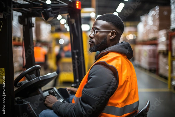 Fototapeta A dedicated worker expertly operates a forklift in a busy warehouse, showcasing a blend of professionalism and efficiency in a fast-paced environment essential for logistics.