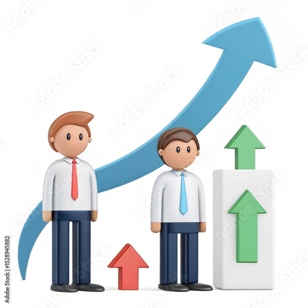 Fototapeta Cartoon businessmen standing near arrows indicating growth and success on a white background scene render 3d icon