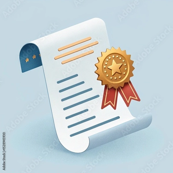 Fototapeta Illustration of a certificate with a gold seal and red ribbons on a light blue background design style 3d icon