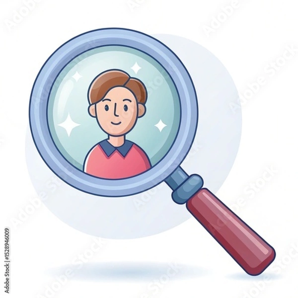Fototapeta Cartoon illustration of a man under a magnifying glass with sparkles on a light blue background 3d icon
