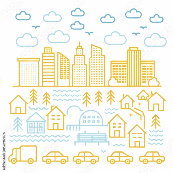 Fototapeta Colorful cartoon vector illustration of a vibrant urban cityscape with various buildings, houses, and trees under a clear sky