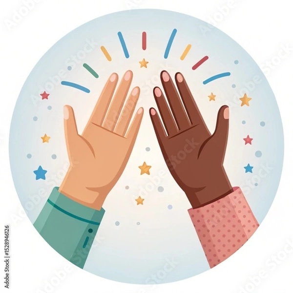 Fototapeta Two hands high fiving with different skin tones surrounded by stars and colorful lines in a circle 3d icon