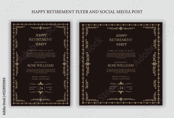 Fototapeta Traditional Happy retirement party celebration flyer design, social media post, vintage, old, elder, senior, festive, emotion, royal, wish, greeting, invitation, black, event, a4 templates bundle.