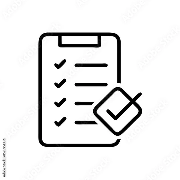 Fototapeta Ícone vetorial minimalista em contorno preto de uma lista de verificação com uma marca de seleção em papel em branco, simbolizando tarefas, organização e produtividade em um design limpo e simples