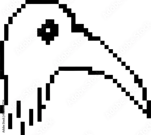 Fototapeta Pixel art black and white bird head with long beak, simple retro illustration, digital 8 bit animal icon