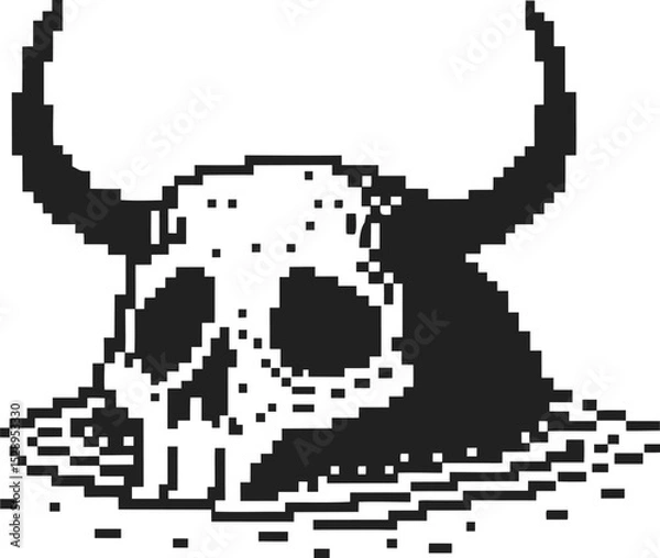 Fototapeta Pixel art horned skull submerged in dark liquid retro black and white illustration for fantasy, horror, gaming, or gothic themes
