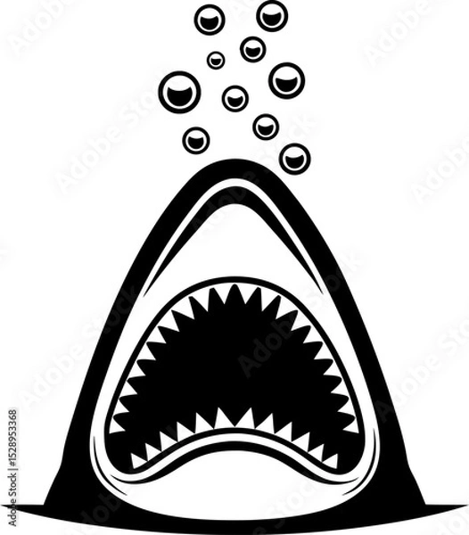 Fototapeta Aggressive shark mouth wide open underwater, toothy jaws and bubbles rising, ocean predator danger symbol illustration