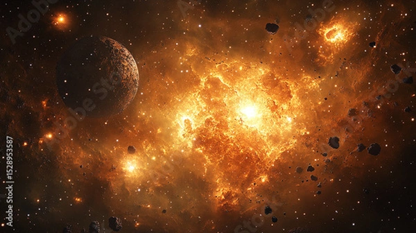 Obraz Planet and Asteroids in Fiery Cosmic Explosion