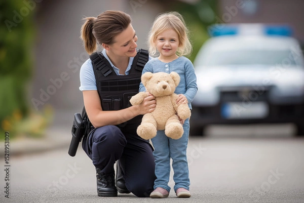Obraz Police officer kneels beside smiling child holding teddy bear. Warm interaction on quiet suburban street during daylight hours