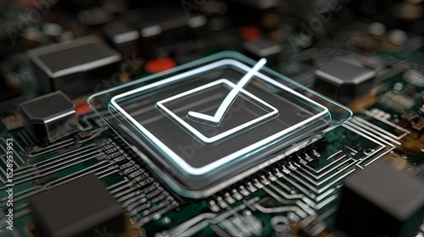 Fototapeta Cybersecurity Check Mark: A close-up shot of a microchip with a glowing checkmark symbol overlaid, signifying data security and system validation.