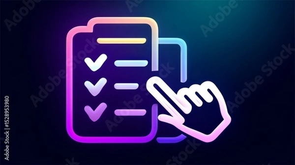 Fototapeta Digital Task Management: A modern icon depicting digital task management, with a hand cursor pointing to a checklist, symbolizing efficiency and organization.