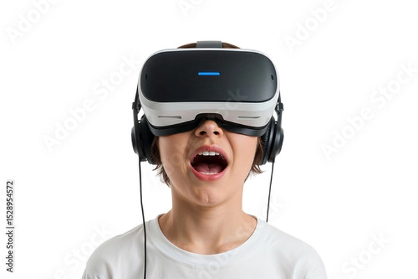 Fototapeta Person wearing a virtual reality headset with headphones and an open mouth on a black background on transparent background