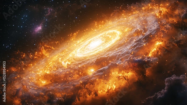 Obraz Bright Spiral Galaxy with Glowing Starry Clouds in Space