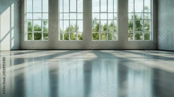 Fototapeta This minimalist image features an open space with large windows showcasing lush greenery outside, representing the harmony between indoor and outdoor environments.