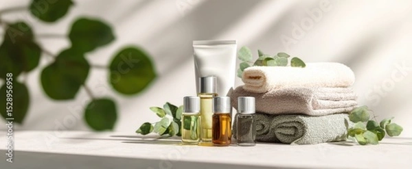 Fototapeta The elegant arrangement of spa products and towels for a soothing experience