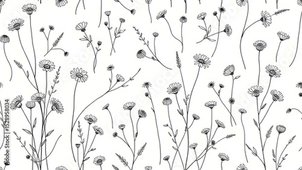 Fototapeta Seamless repeating pattern of delicate wildflowers (daisies, poppies, buttercups) and herbs in fine line art technique.