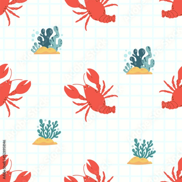 Fototapeta Seamless Pattern with cute red cancer animal on white checkered Background with algae. Vector Illustration