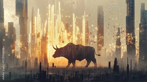 Fototapeta Futuristic city skyline with a bull